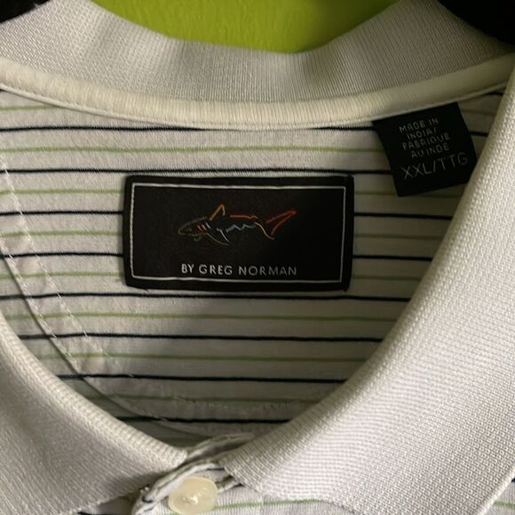 Greg Norman Men's White Golf Polo Shirt W/Green & Blue Stripes Size XXL - Picture 2 of 6
